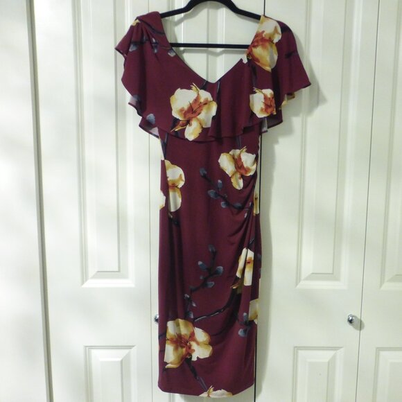 LE-CHATEAU burgundy floral print midi dress with cinched side - Picture 1 of 7